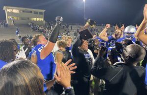 Kilgore College head football coach Willie Gooden and his team are shown here in November, celebrating after beating Navarro at R.E. St. John Memorial Stadium for the Southwest Junior College Football Conference championship, their second straight conference title. KC is aiming for a third conference title in a row this year, and maybe a return trip to the national playoff. The Rangers, ranked fourth in the nation as the season begins, open the season at home Saturday at 7 p.m. against Mexico's Monterrey Tech. (File photo by MITCH LUCAS - ETBLITZ.COM)