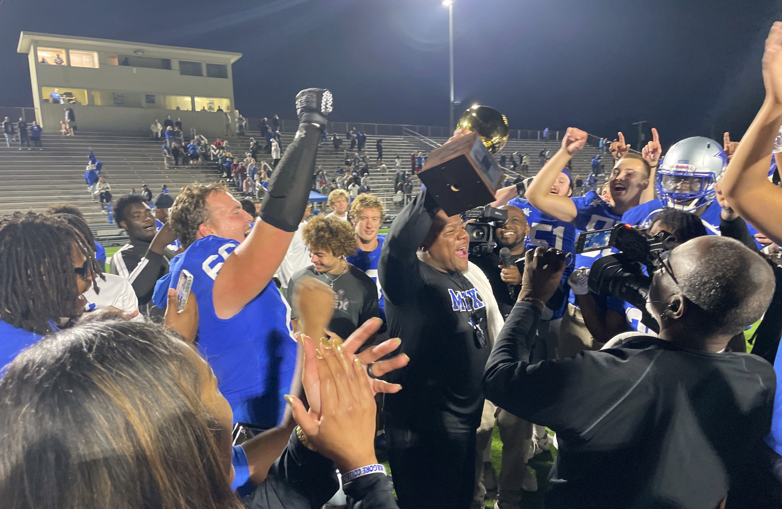 Kilgore College head football coach Willie Gooden and his team are shown here in November, celebrating after beating Navarro at R.E. St. John Memorial Stadium for the Southwest Junior College Football Conference championship, their second straight conference title. KC is aiming for a third conference title in a row this year, and maybe a return trip to the national playoff. The Rangers, ranked fourth in the nation as the season begins, open the season at home Saturday at 7 p.m. against Mexico's Monterrey Tech. (File photo by MITCH LUCAS - ETBLITZ.COM)