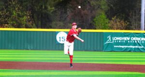 Kilgore shortstop Todd House makes a throw to first during last weekend's game against Henderson in District 17-4A play. The Diamond 'Dogs are 3-1 in district games; Henderson is the opposite. (Photo by DENNIS JACOBS - ETBLITZ.COM)