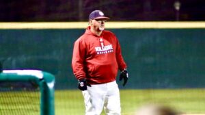 Kilgore head baseball coach Eugene Lafitte looks on near third base, as his Bulldogs face Tyler Legacy Friday night during the Whataburger Oil Belt Classic baseball tournament at Driller Park. Kilgore won twice on Friday, and plays Hardin Jefferson at 1:30 p.m. Saturday. The tournament's final day begins at 9 a.m. with Sabine facing Harmony. (Photo by DENNIS JACOBS - ETBLITZ.COM)