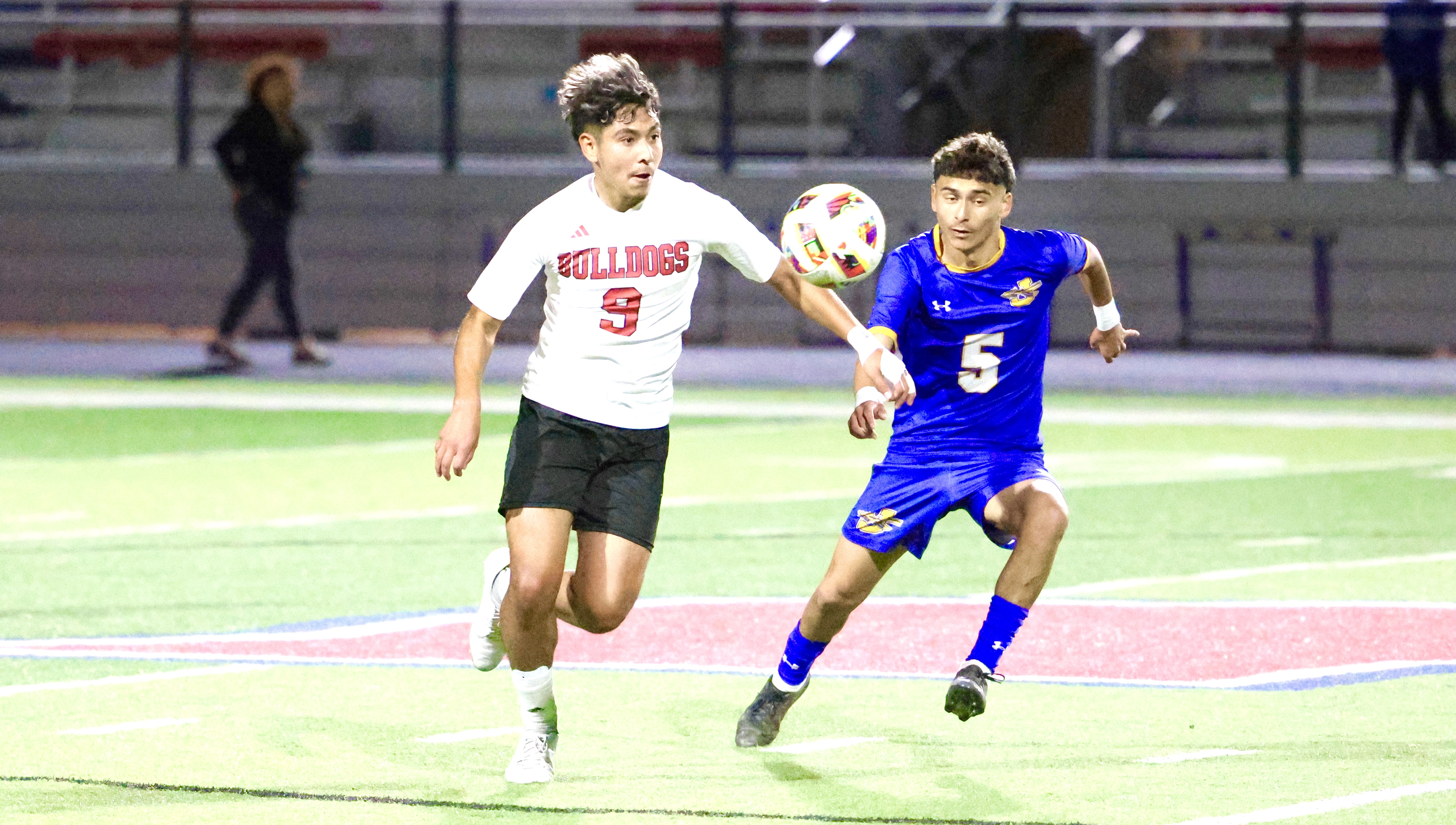 Kilgore's Diego Rojas (left) controls the ball against Jacksonville, a game the Bulldogs won on Tuesday. Kilgore (23-2-2) faces Wilmer-Hutchins (19-3) in the UIL Class 4A Region II Tournament at 11 a.m. Friday at CHRISTUS Trinity Mother Frances Rose Stadium in Tyler. The season is over for the losing team; the winners advance to Saturday's regional final to face either Palestine or Panther Creek. (Photo by DENNIS JACOBS - ETBLITZ.COM)