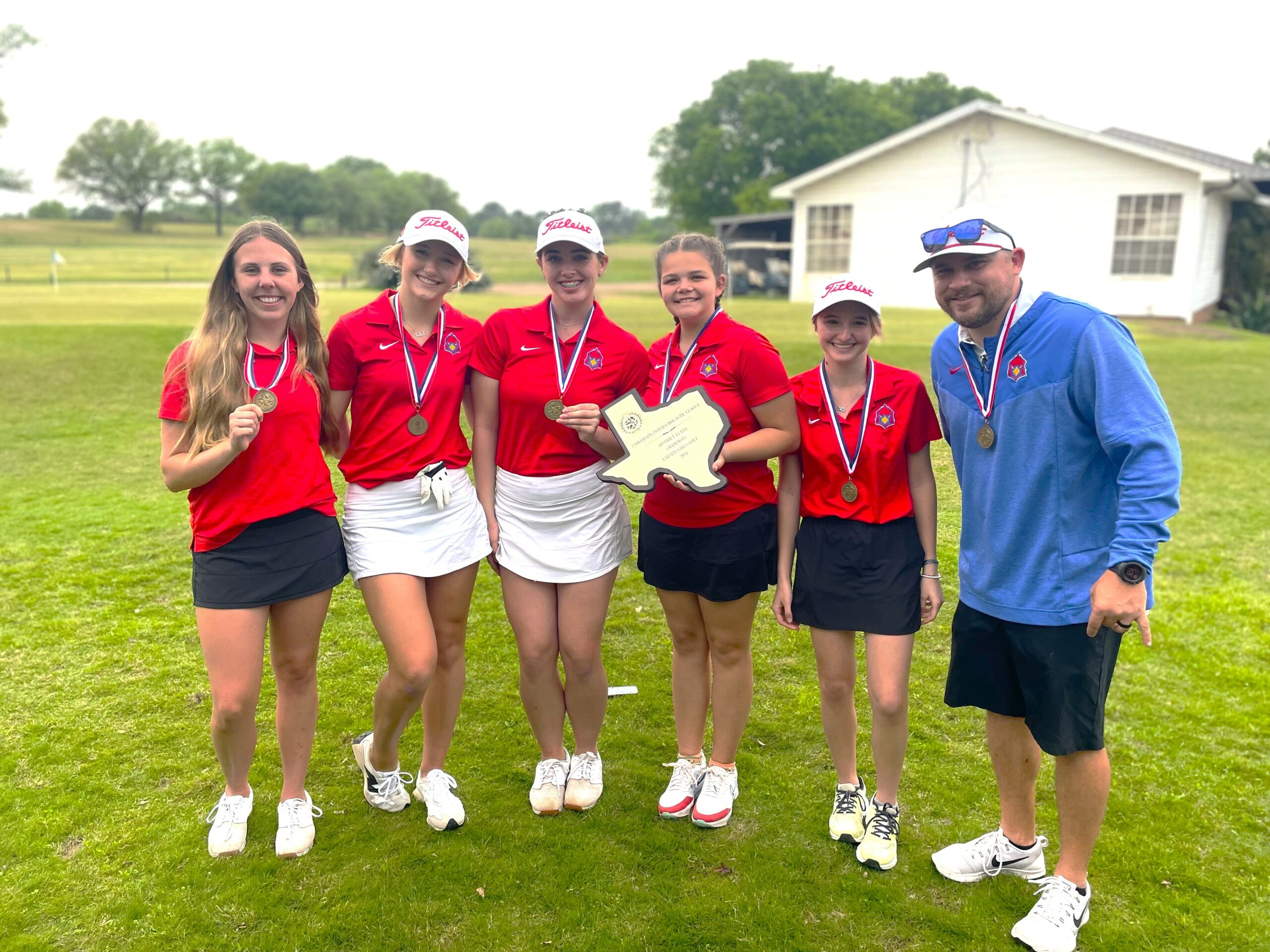 Sabine's girls golfers (from left) Lillian Odle, Emily McBride, Dakota Wick, Allyssa Crutcher and Avery Rutland (with coach Phillip Anderson) will play at Oak Hurst Golf Club in Bullard this week for a chance to qualify for the UIL Class 3A State Golf Tournament in May, as will Sabine boys golfer Garridon Edwards (below). Overton's boys and girls teams (pictured below) are also competing in regionals this week at Cherokee Ranch in Jacksonville for opportunities to play in the UIL 2A state tournament. (Photos courtesy of SABINE HIGH SCHOOL GOLF and OVERTON HIGH SCHOOL / OVERTON MUSTANG ATHLETICS FACEBOOK)
