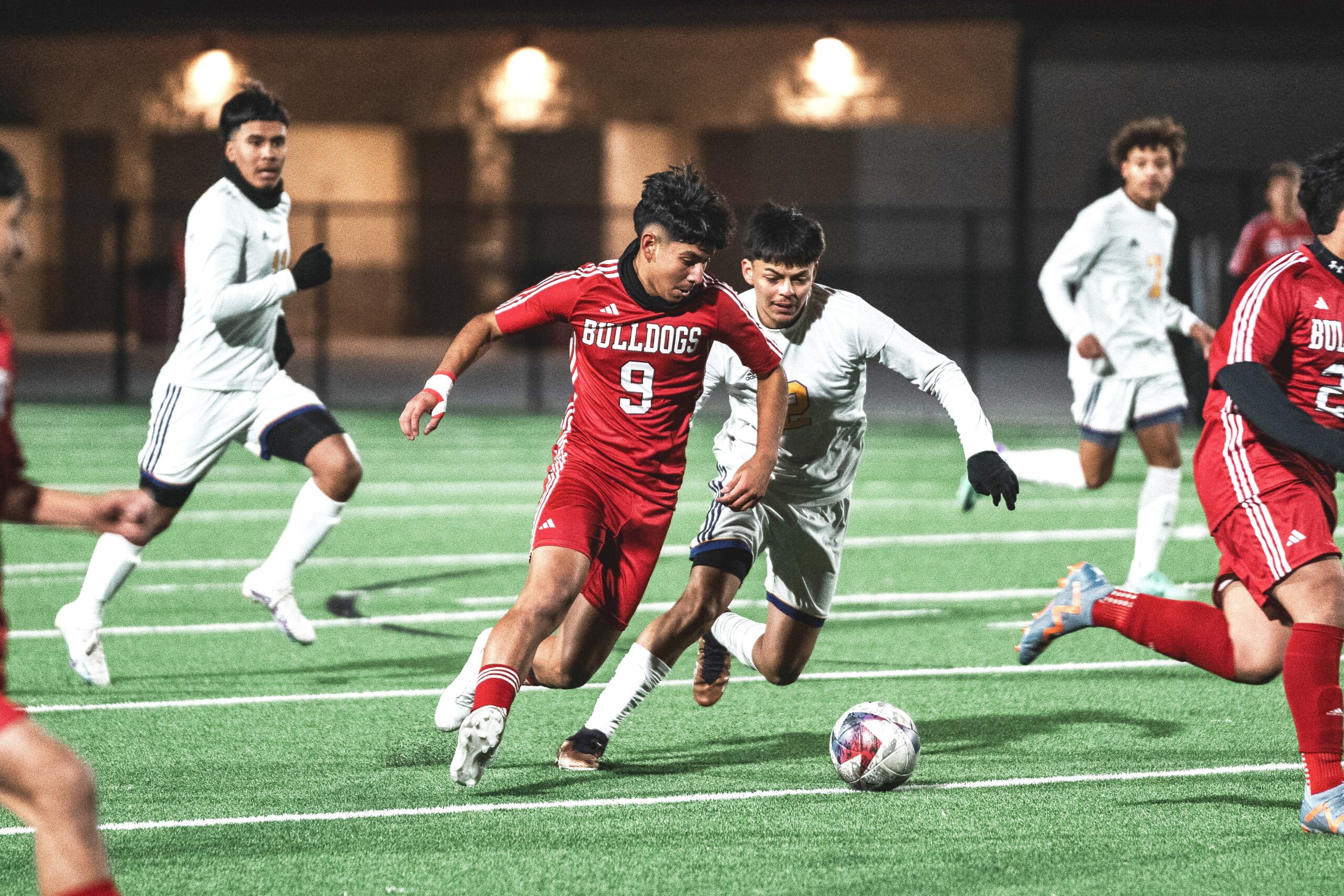 Kilgore High School senior soccer standout Diego Rojas (above, 9) was named the most valuable player of District 15-4A, as a part of the all-district team, voted on by the district's coaches recently. Below: Leo Yzaguirre, voted as co-utility player of the year. Yzaguirre and teammate Jose Vasquez, also a member of the all-district team, were also voted as members of the UIL State All-Tournament Team by members of the Texas Association of Soccer Coaches during the Bulldogs' state tournament run. (Photo above by ALEX NABOR - ETBLITZ.COM; Photo below courtesy of the UNIVERSITY INTERSCHOLASTIC LEAGUE)