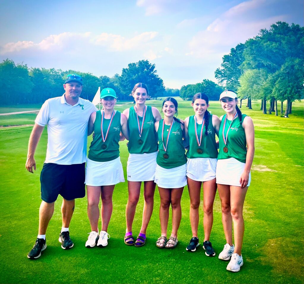 Tatum's girls golfers are headed to the UIL Class 3A State Golf Tournament for a second straight season. From left: coach Jeremy Kubiak, Hannah Marcott, Ava Quick, Elyana Hill, Taydem Barker, and Kaysen Foster. (Photo courtesy of TATUM HIGH SCHOOL ATHLETICS)