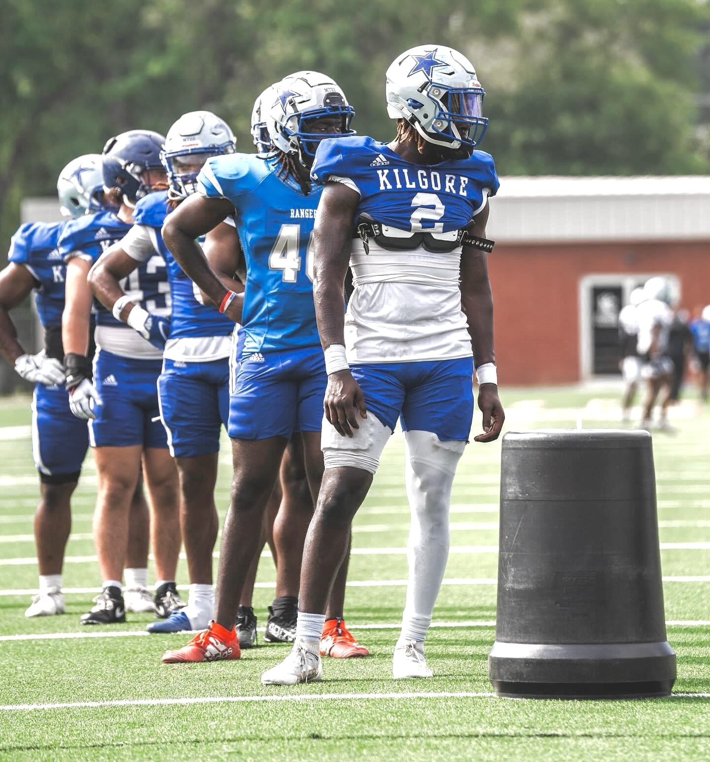 Kilgore College players stand in line waiting on a drill in a recent spring practice. The Rangers officially wrap spring with the annual Blue-White Game Saturday at 3 p.m. at R.E. St. John Memorial Stadium. The game is open to the public and admission is free. (Photo by ALEX NABOR - ETBLITZ.COM)