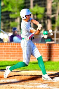 Overton's Jayden Edwards smacks a pitch. Edwards, a multi-sport athlete, had two home runs, a single and 6 RBI in a 26-0 win over New Summerfield last week, and White Oak's Larkin Daniels (below, inset) had 29 strikeouts, adding to her career record for the Ladynecks and helping them advance to the Class 3A area round of the playoffs. For that, Daniels and Edwards are the Whataburger / ETBlitz.com Players of the Week for April 22-27. (Photo of Edwards, above, by RONNIE SARTORS - SPORT SHOT PHOTOGRAPHY; Photo of Daniels courtesy of WHITE OAK LADYNECK SOFTBALL FACEBOOK)