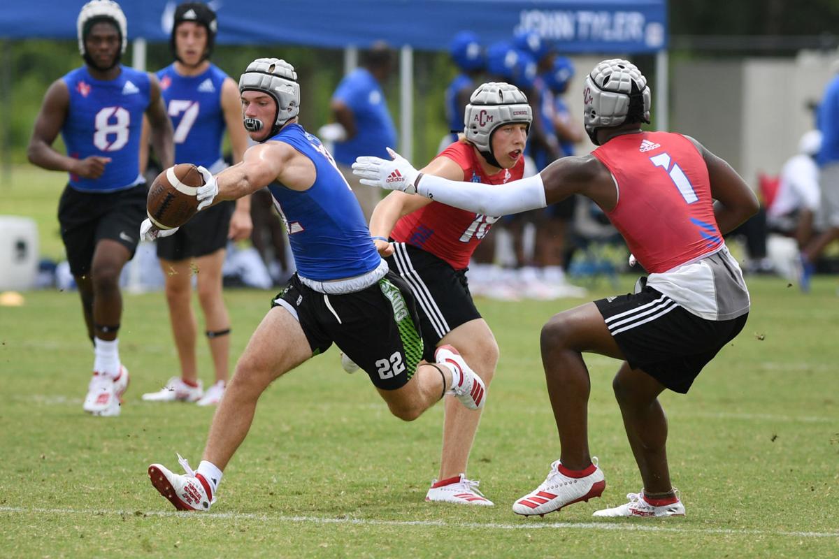 Kilgore's R.E. St. John Memorial Stadium is the site Saturday for a state 7-on-7 Division II qualifier for the Texas 7-on-7 Tournament, to be played at College Station June 27-28. Admission is free, and games begin at 8 a.m. The eight-team tournament field includes Kilgore, Sabine and Henderson. Offense is wide open, all passing; there's no tackling, and soft-helmets are typically worn, like the ones pictured above. (Photo courtesy of THE EAGLE)