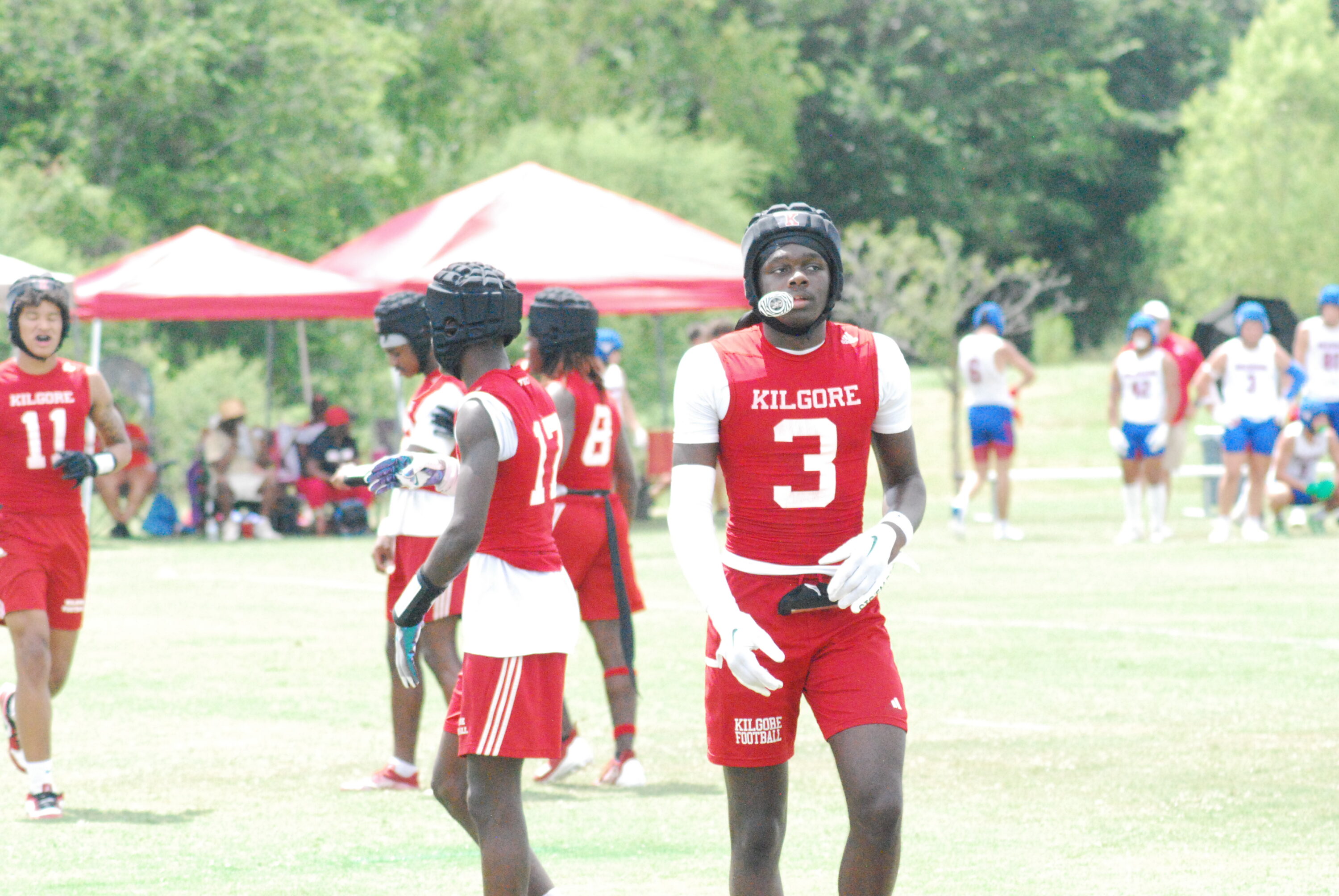 Kilgore cornerback Jayden Sanders (3) was named the defensive most valuable player of the Texas State 7-on-7 Tournament as part of the Dave Campbell's Texas Football All-Tournament Team. The tournament was played this past week at Veterans Park in College Station, and both Kilgore and Sabine were in it. Kilgore made the semifinals, losing to eventual champion Hamshire-Fannett, a team the Bulldogs had beaten in overtime earlier in the event. (Photo by MITCH LUCAS - ETBLITZ.COM)