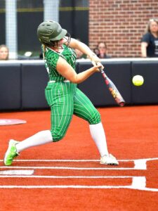 Overton's Anna Perkins had a hit in the third inning that started a rally against Bowie. The Lady Mustangs won game one, lost game two, but won the third and deciding game three, and advanced to the UIL Class 2A Regional Quarterfinals this week against Cross Roads, a series to be played at Tyler Legacy. Below is where all four of the teams in the ETBlitz.com coverage area that are still playing will have games this week. (Photo by RONNIE SARTORS - SPORT SHOT PHOTOGRAPHY - ETBLITZ.COM)