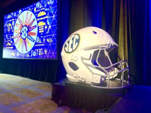 This large helmet sits next to the stage where SEC coaches and Commissioner Greg Sankey will address the media all this week at The Omni in Dallas, the annual SEC Media Days, the unofficial kickoff of football season. (Photo by MITCH LUCAS - ETBLITZ.COM)