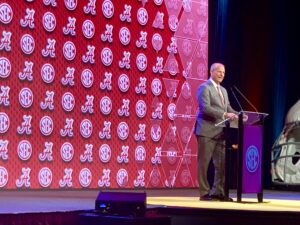 Alabama coach Kalen DeBoer, who has lost 12 games his entire career, will be the man to follow legendary Nick Saban as leader of the Crimson Tide. DeBoer met with the media at SEC Media Days on Wednesday, and opens the season Aug. 31 at home against Western Kentucky. The Tide plays at Wisconsin and hosts Georgia in the first month of the season. (Photo by MITCH LUCAS - ETBLITZ.COM)