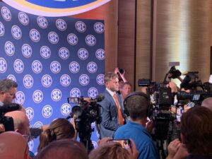 Texas quarterback Quinn Ewers (above) and coach Steve Sarkisian (below) addressed the crowd at SEC Media Days at The Omni in Dallas on Wednesday, as the Longhorns get ready for their first season as part of the conference this fall. (Photos by MITCH LUCAS - ETBLITZ.COM)