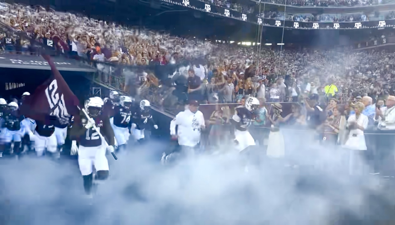 The Texas A&M Aggies make their entrance at Kyle Field, the first of 2024, and the first under new coach Mike Elko. It's always a spectacular entrance, but the Aggies fell short on Saturday, losing to Notre Dame. (Photo by MITCHELL MOLANDES - ETBLITZ.COM)