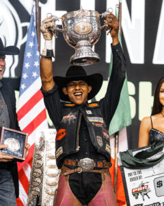 PBR rookie Cassio Dias was crowned the 2024 world champion in May at AT&T Stadium in Arlington, and now he'll lead his Kansas City Outlaws in the PBR Teams competition this weekend in Oklahoma City. (Photo by DOMINIC PLATA, special to ETBLITZ.COM)