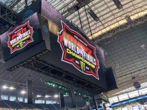 The giant jumbotron at AT&T Stadium with the PBR World Finals logo on Saturday. Rounds one and two were Saturday; rounds three and four are Sunday. Below: video of Kaique Pacheco on the bull Dark Thoughts. (Photo and video by CLAYTON FLETCHER - ETBLITZ.COM)