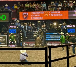 Joao Ricardo Vieria of Brazil rides Peterbilt on Saturday night at the PBR event in Oklahoma City. (Photo by CLAYTON FLETCHER - ETBLITZ.COM)