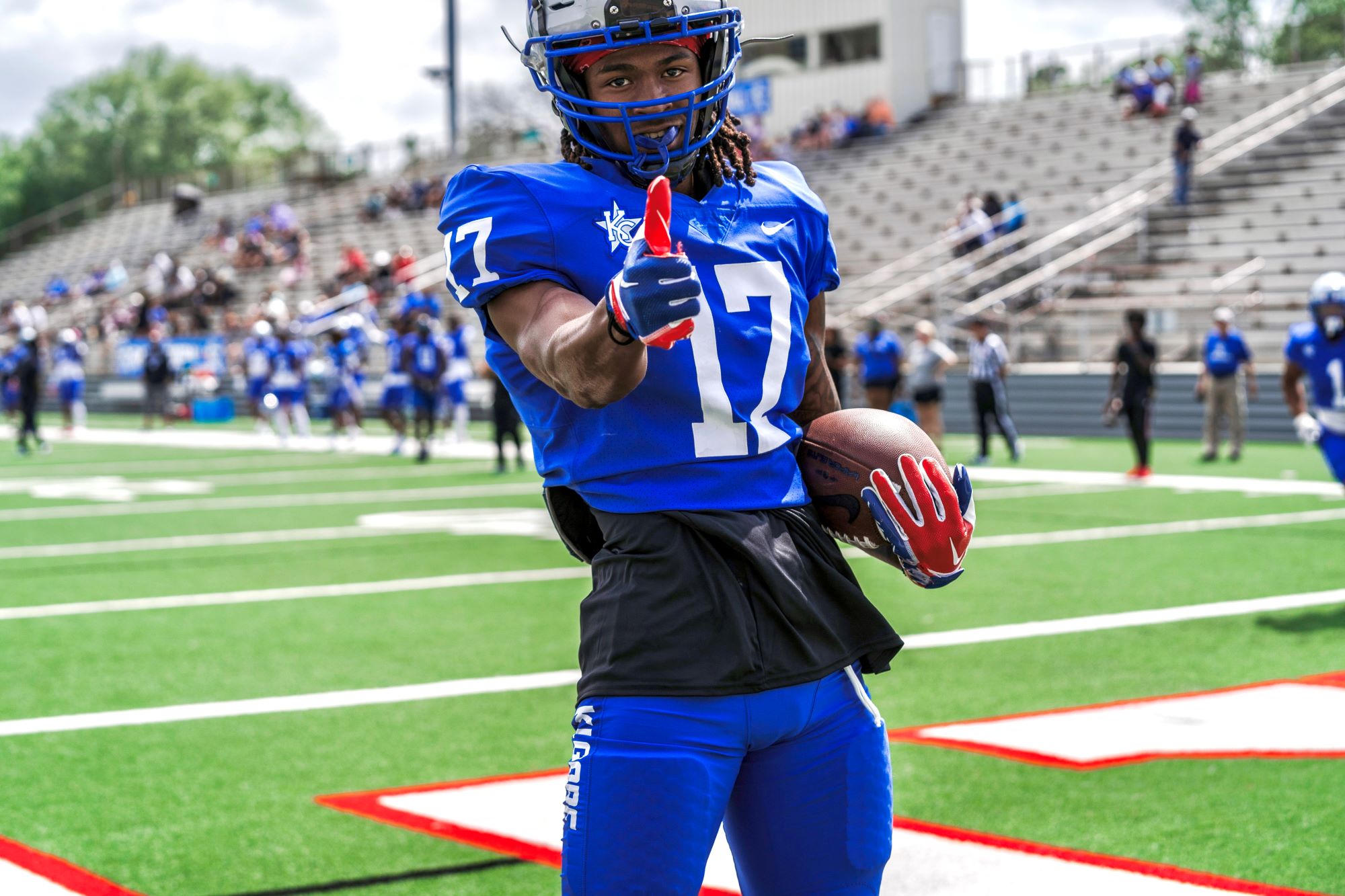 Kilgore College wide receiver Elijah Bean poses for ETBlitz photographer Alex Nabor after catching one of his two touchdowns in the KC Blue vs. White Spring Game on Saturday. (Photo by ALEX NABOR - ETBLITZ.COM)