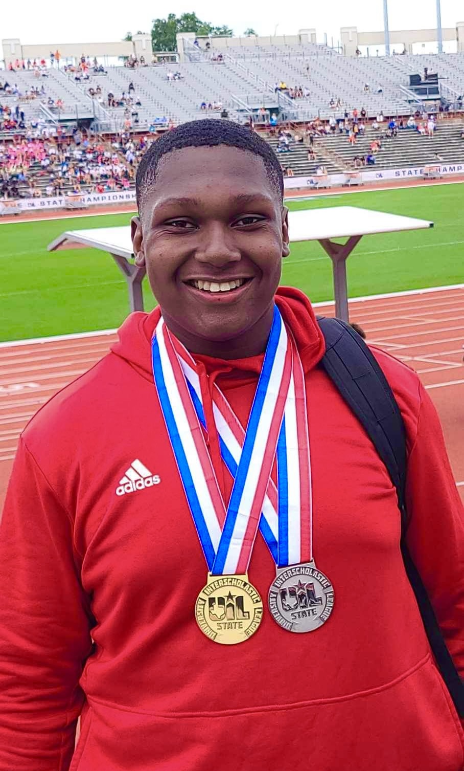 Braydon Nelson of Kilgore High School took silver in the Class 4A boys shot put Thursday morning at the UIL State Track & Field Championships, at University of Texas in Austin, and then had the clutch throw of his life, on his last opportunity of the event, to win gold in the 4A boys discus Thursday afternoon. Nelson, a North Texas signee in football, is coached by T.J. Gillen-Hall, D.Q. Scott and Josh Lyons. The state track meet is held at UT's Mike A. Myers Stadium, and had several athletes there on Thursday from the ETBlitz.com area. Read about them all below! (Photo courtesy of T.J. GILLEN-HALL)