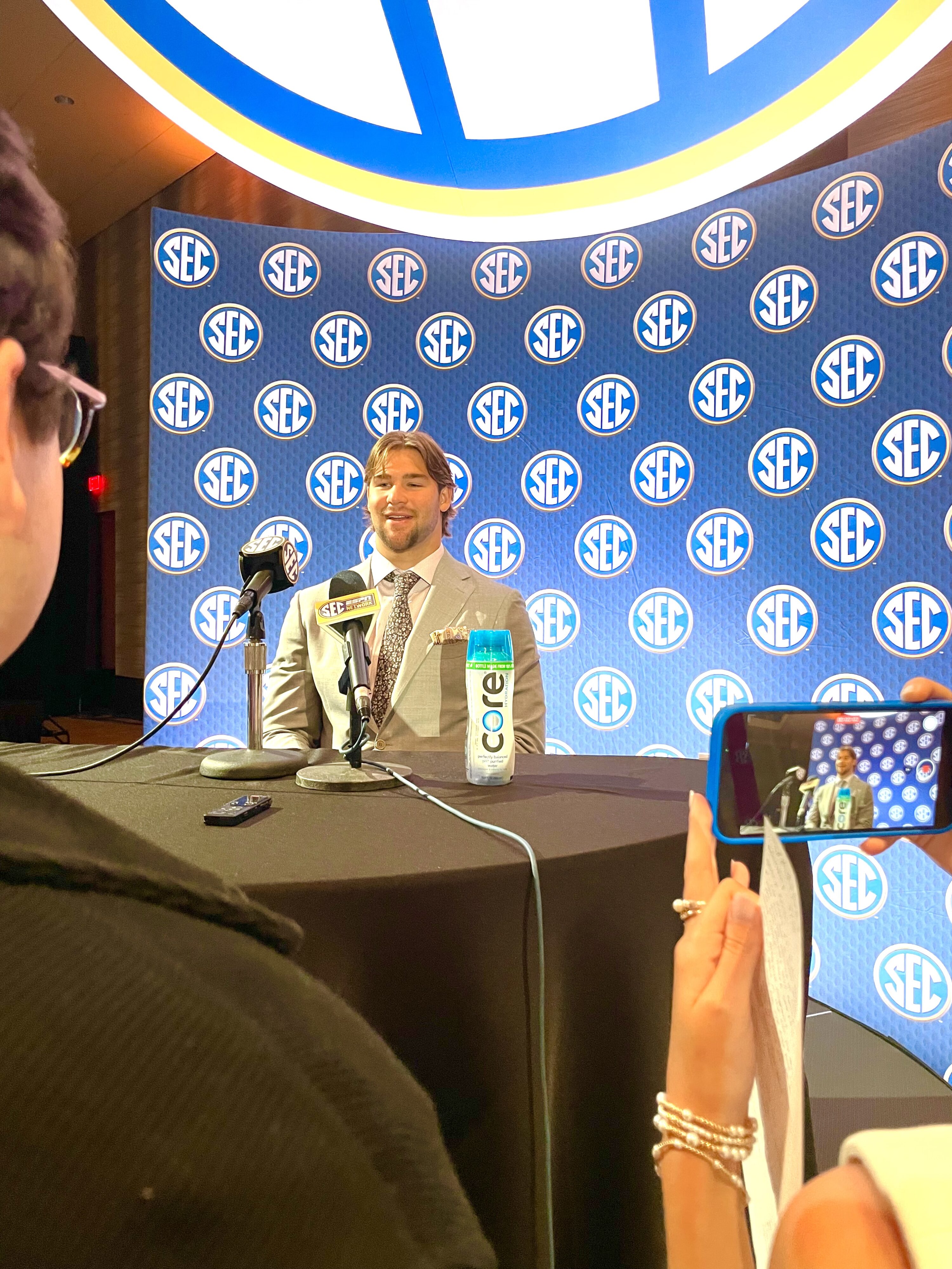 Langston Patterson, a linebacker for Vanderbilt, laughs answering a question for ETBlitz.com during Monday's first day of SEC Media Days at The Omni in Dallas. (Photo by JENNA LUCAS - ETBLITZ.COM)