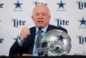 Dallas Cowboys owner Jerry Jones (above) and his crew will be in the Cowboys' draft "war room" tonight, likely early, for the 2024 NFL Draft. The draft technically takes place from Detroit, Michigan, but will be happening from sites all across the nation, and live on national television. We'll be live on thefootballbeat.com. Here's our mock draft, if you want to see how ETBlitz.com editor / publisher Mitch Lucas thinks things could go down. He had 11 of the 32 first-round picks correct last year. (Photo courtesy of FANATICS.COM)